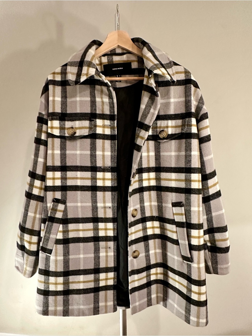 Vero Moda Women's Plaid Button-Up Coat Jacket - Gray/Black